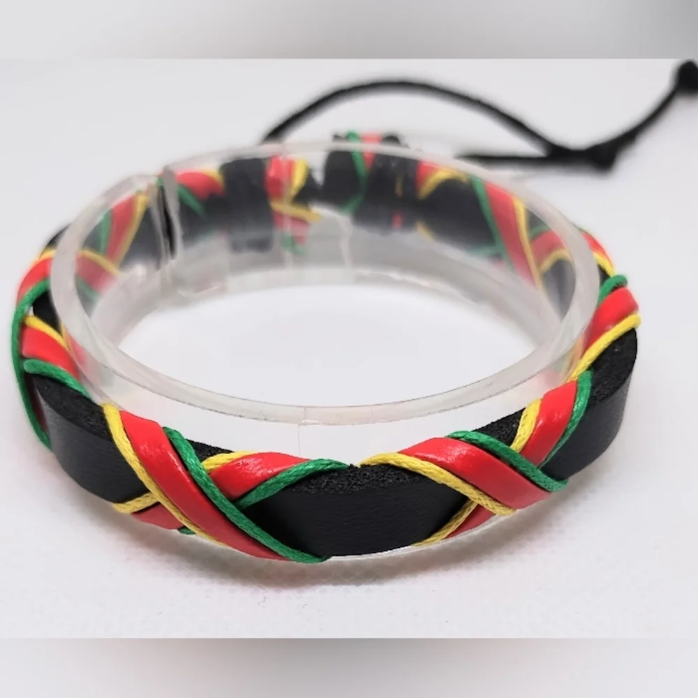 Men's Bracelet Leather Braided Black Rainbow New F69